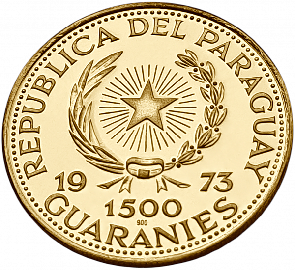 картинка Парагвай. 1500 Гуарани 1973 г. Золото. 10.7 г*0.900 0.3096 oz. от магазина Одежда+ 2