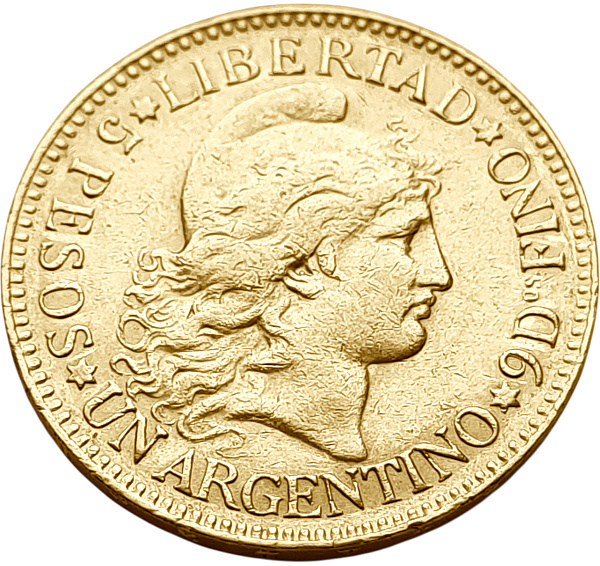 картинка Аргентина. 5 Песо 1888 г. Золото. 8.0645 г*0.900 0.2333 oz. от магазина Одежда+