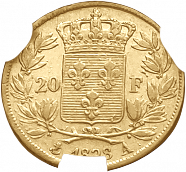 картинка Франция. 20 Франков 1828 г. Золото. 6.4516 г*0.900 0.1867 oz. СЛАБ CPRC AU 53! от магазина Одежда+ 2