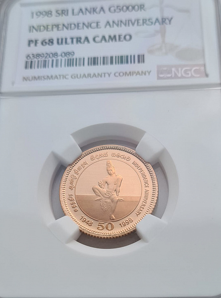 картинка Шри-Ланка. 5000 Рупий 1998 г. Золото. 7.9 г*0.917 0.2329 oz. СЛАБ NGC PF 68 ULTRA CAMEO! от магазина Одежда+ 3