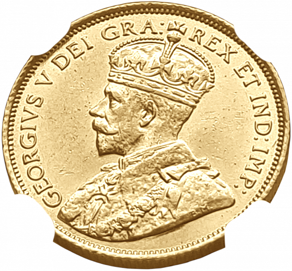 картинка Канада. 5 Долларов 1912 г. Золото. 8.36 г*0.900 0.2419 oz. СЛАБ ННР MS 60! от магазина Одежда+