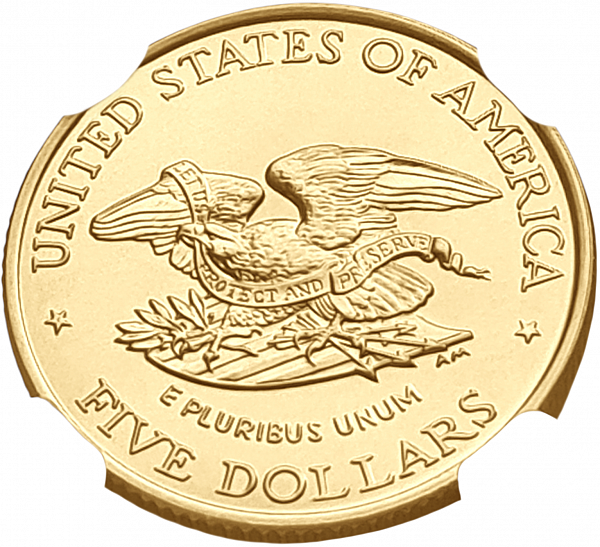 картинка США. 5 Долларов 1995 г. Золото. 8.359 г*0.900 0.2419 oz. СЛАБ ННР MS 69! от магазина Одежда+ 2