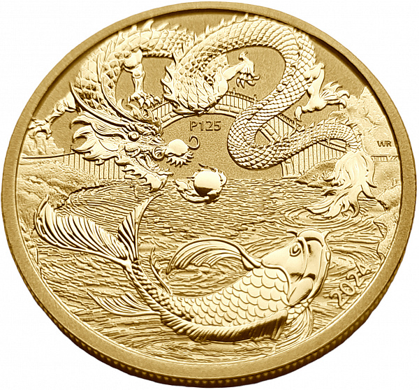картинка Австралия. 100 Долларов 2024 г. Золото. 31.107 г*0.9999 1.0 oz. Мифы и Легенды! Дракон и Карп Кои! от магазина Одежда+