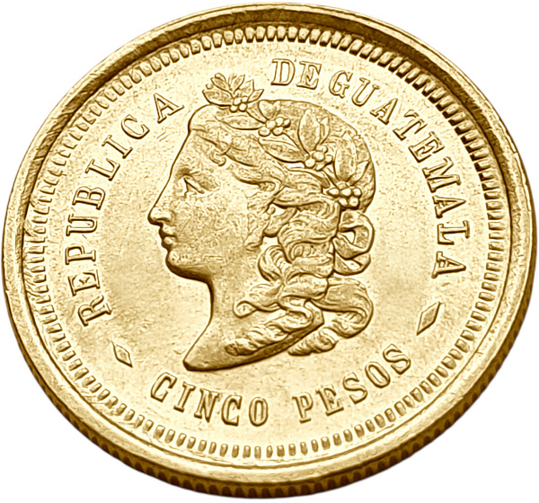 картинка Гватемала. 5 Песо 1874 г. Золото. 8.0645 г*0.900 0.2333 oz. от магазина Одежда+