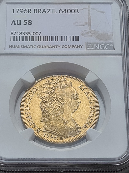 картинка Бразилия. 6400 Рейс 1796 г. Золото. 14.34 г*0.917 0.4229 oz. СЛАБ NGC AU 58! от магазина Одежда+ 3