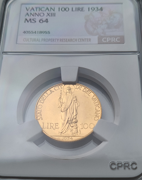 картинка Ватикан. 100 Лир 1934 г. Золото. 8.8 г*0.900 0.2546 oz. СЛАБ CPRC MS 64! от магазина Одежда+ 3
