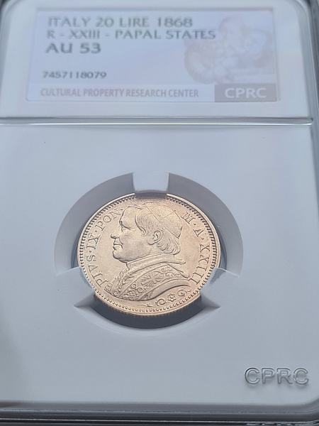 картинка Ватикан. 20 Лир 1868 г. Золото. 6.451 г*0.900 0.1867 oz. СЛАБ CPRC AU 53! от магазина Одежда+ 3