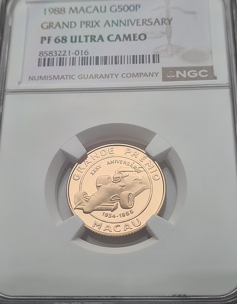 картинка Макао. 500 Патак 1988 г. Золото. 7.99 г*0.917 0.2355 oz. Формула-1. СЛАБ NGC PF 68 ULTRA CAMEO! от магазина Одежда+ 3