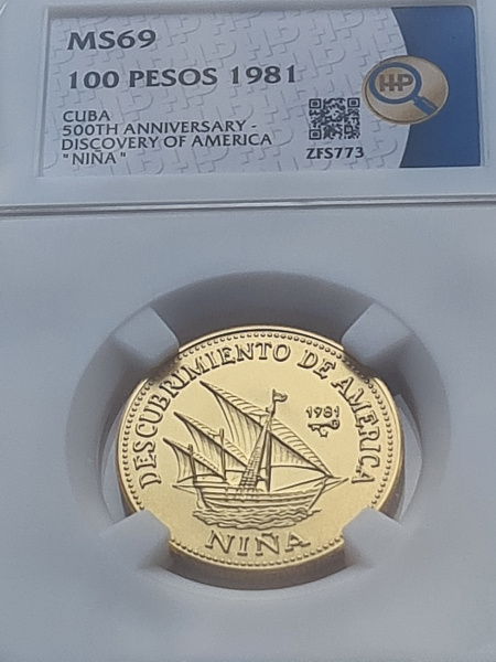 картинка Куба. 100 Песо 1981 г. Золото. 12.0 г*0.917 0.3538 oz. Открытие Америки! Нинья! от магазина Одежда+ 3