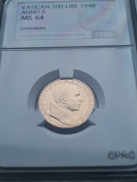 картинка Ватикан. 100 Лир 1948 г. Золото. 5.19 г*0.900 0.1502 oz. СЛАБ CPRC MS 64! от магазина Одежда+ 3