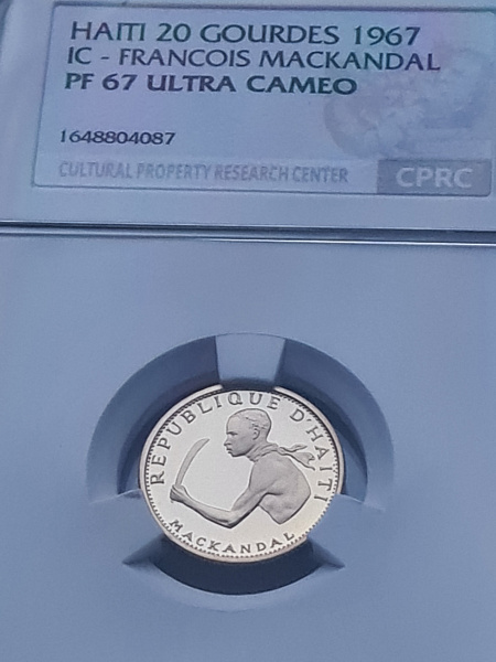 картинка Гаити. 20 Гурдов 1967 г. Золото. 3.95 г*0.900 0.1143 oz. СЛАБ CPRC PF 67 ULTRA CAMEO! от магазина Одежда+ 3