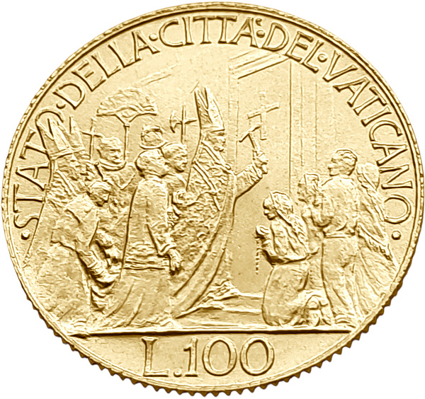 картинка Ватикан. 100 Лир 1950 г. Золото. 5.19 г*0.900 0.1502 oz. от магазина Одежда+