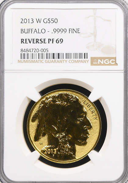 картинка США. 50 Долларов 2013 г. Золото. 31.1035 г*0.9999 1.0 oz. Баффало! РЕВЕРС-ПРУФ! СЛАБ NGC PF 69! от магазина Одежда+ 3