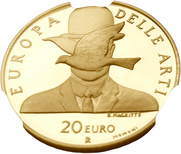 картинка Италия. 20 Евро 2004 г. Золото. 6.45 г*0.900 0.1867 oz. Рене Магритт! СЛАБ CPRC PF 68 ULTRA CAMEO! от магазина Одежда+