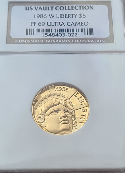 картинка США. 5 Долларов 1986 г. Золото. 8.359 г*0.900 0.2419 oz. СЛАБ NGC PF 69 ULTRA CAMEO! от магазина Одежда+ 3
