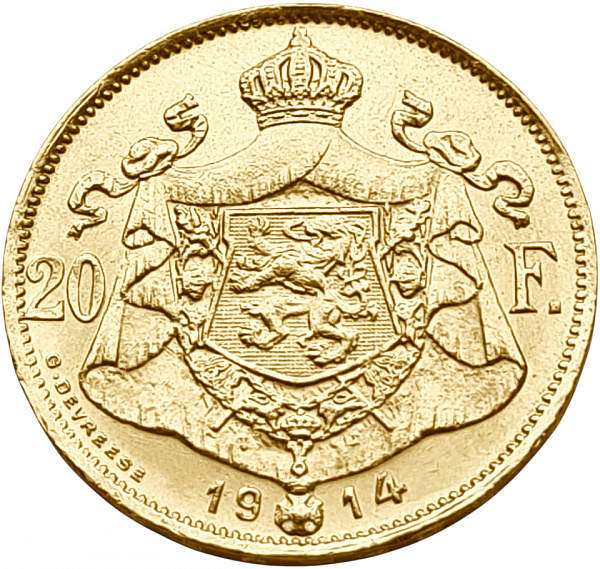 картинка Бельгия. 20 Франков 1914 г. Золото. 6.4516 г*0.900 0.1867 oz. от магазина Одежда+ 2