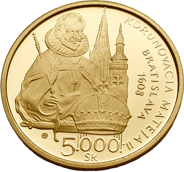 картинка Словакия. 5000 крон 2008 г. Золото 9,5г*0.900 0,2749 oz. Император Матвей(Матиас). Коронация! от магазина Одежда+