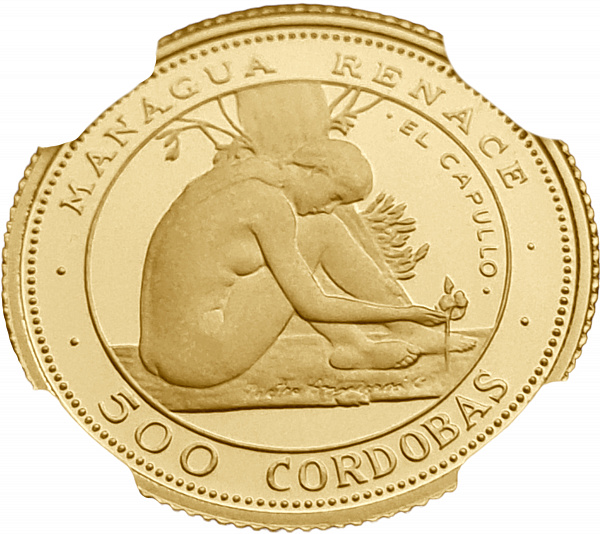 картинка Никарагуа. 500 Кордоб 1975 г. Золото. 5.4 г*0.900 0.1562 oz. СЛАБ NGC PF 65 ULTRA CAMEO! от магазина Одежда+