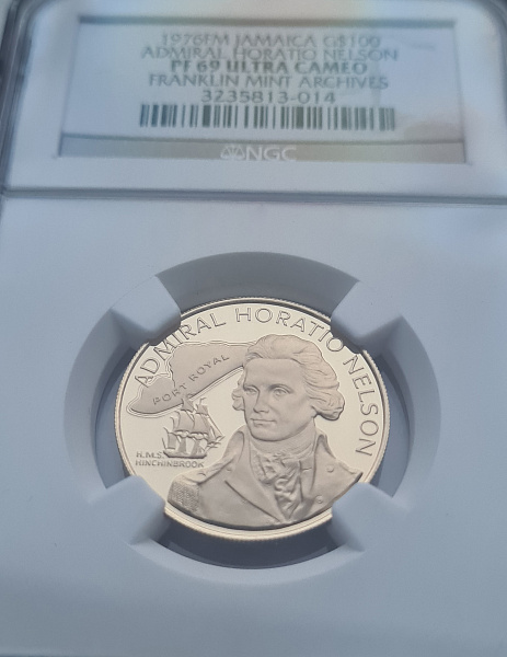 картинка Ямайка. 100 Долларов 1976 г Золото 7.83г*0.900 0.2266 oz. Адмирал Нельсон! СЛАБ NGC PF 69 ULTRA CAMEO! от магазина Одежда+ 3