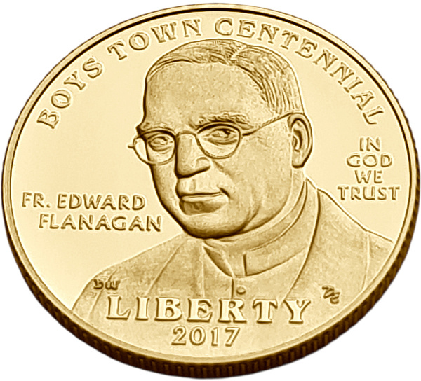 картинка США. 5 Долларов 2017 г. Золото. 8.359 г*0.900 0.2419 oz. Эдвард Фланаган!Бойз-Таун! Пруф! от магазина Одежда+ 2