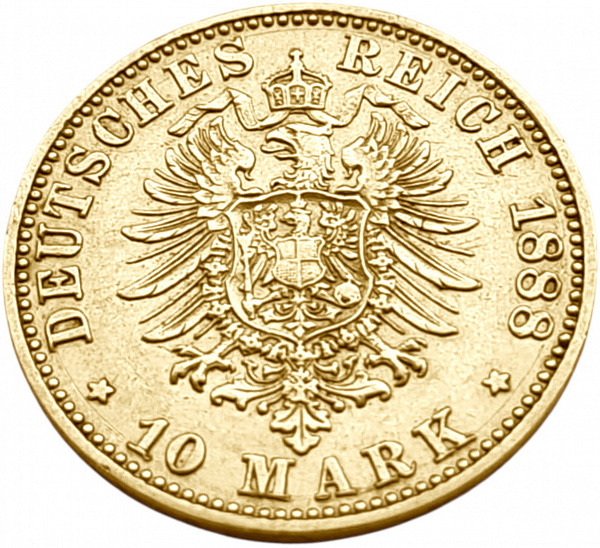 картинка Пруссия. 10 Марок 1888 г. Золото. 3.982 г*0.900 0.1152 oz. Фридрих III. от магазина Одежда+ 2
