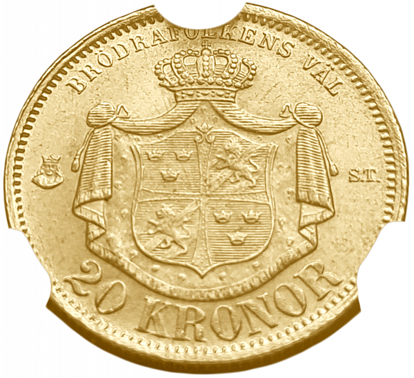 картинка Швеция. 20 Крон 1874 г. Золото. 8.9606 г*0.900 0.2593 oz. СЛАБ CPRC MS 63! от магазина Одежда+ 2