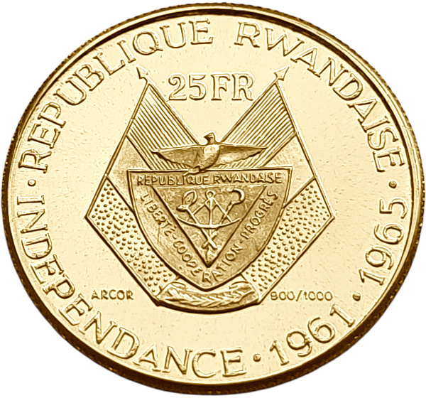 картинка Руанда. 25 Франков 1965 г. Золото. 7.5 г*0.900 0.217 oz. от магазина Одежда+ 2