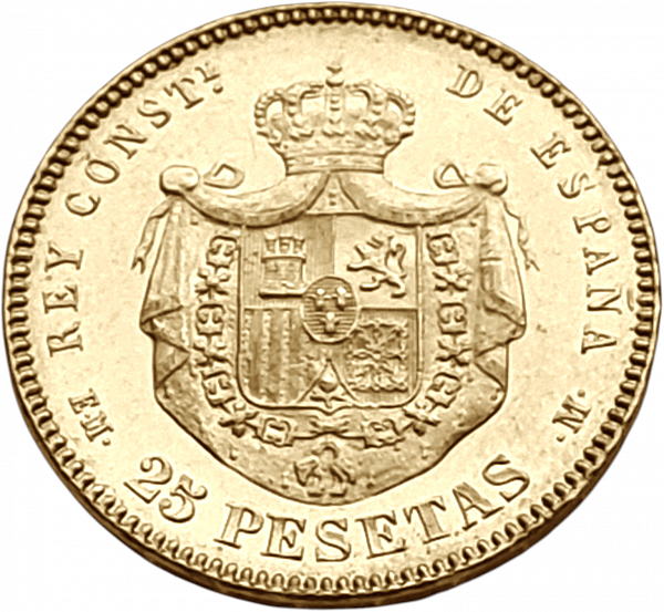 картинка Испания. 25 Песет 1879 (1879) г. Золото. 8.0645 г*0.900 0.2333 oz. от магазина Одежда+ 2