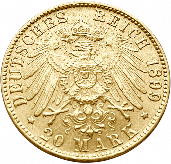 картинка Гамбург. 20 Марок 1899 г. Золото. 7.965 г*0.900 0.2305 oz. от магазина Одежда+ 2