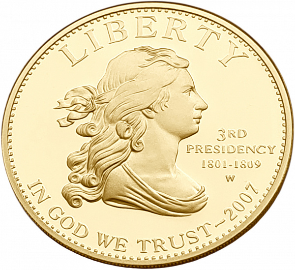 картинка США. 10 Долларов 2007г. Золото 15.55г*0.9999 0.5 oz. Свобода Джефферсона! Пруф! Коробка и Сертификат! от магазина Одежда+