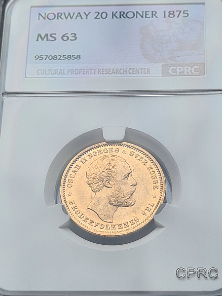 картинка Норвегия. 20 Крон/ 5 Спесидалеров 1875 г. Золото 8.9606 г*0.900 0.2593 oz. СЛАБ CPRC MS 63! от магазина Одежда+ 3