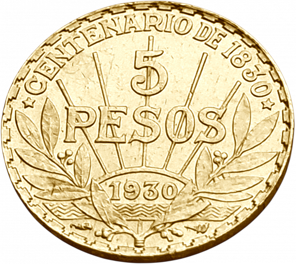 картинка Уругвай. 5 Песо 1930 г. Золото. 8.485 г*0.917 0.2501 oz. от магазина Одежда+ 2
