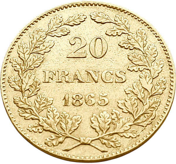 картинка Бельгия. 20 Франков 1865 г. Золото. 6.4516 г*0.900 0.1867 oz. от магазина Одежда+ 2