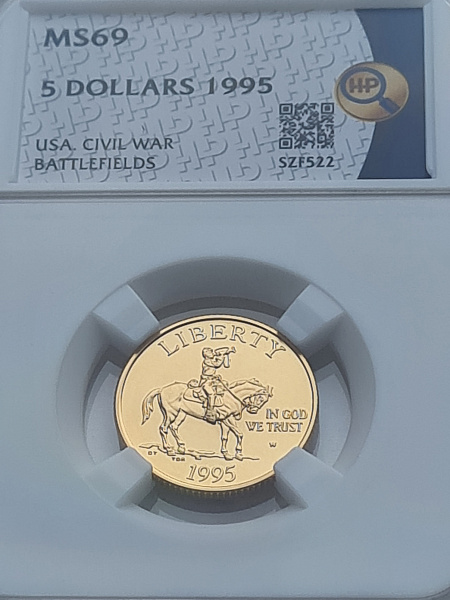 картинка США. 5 Долларов 1995 г. Золото. 8.359 г*0.900 0.2419 oz. СЛАБ ННР MS 69! от магазина Одежда+ 3