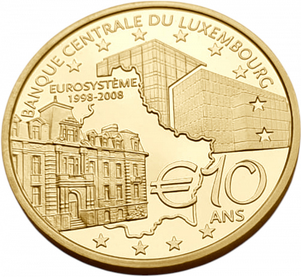 картинка Люксембург. 10 Евро 2008 г. Золото. 10.37 г*0.999 0.3331 oz. 10-летие Банка Люксембурга! от магазина Одежда+