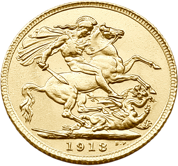 картинка Великобритания. 1 Соверен 1913 г. Золото. 7.99 г*0.917 0.2355 oz. от магазина Одежда+ 2